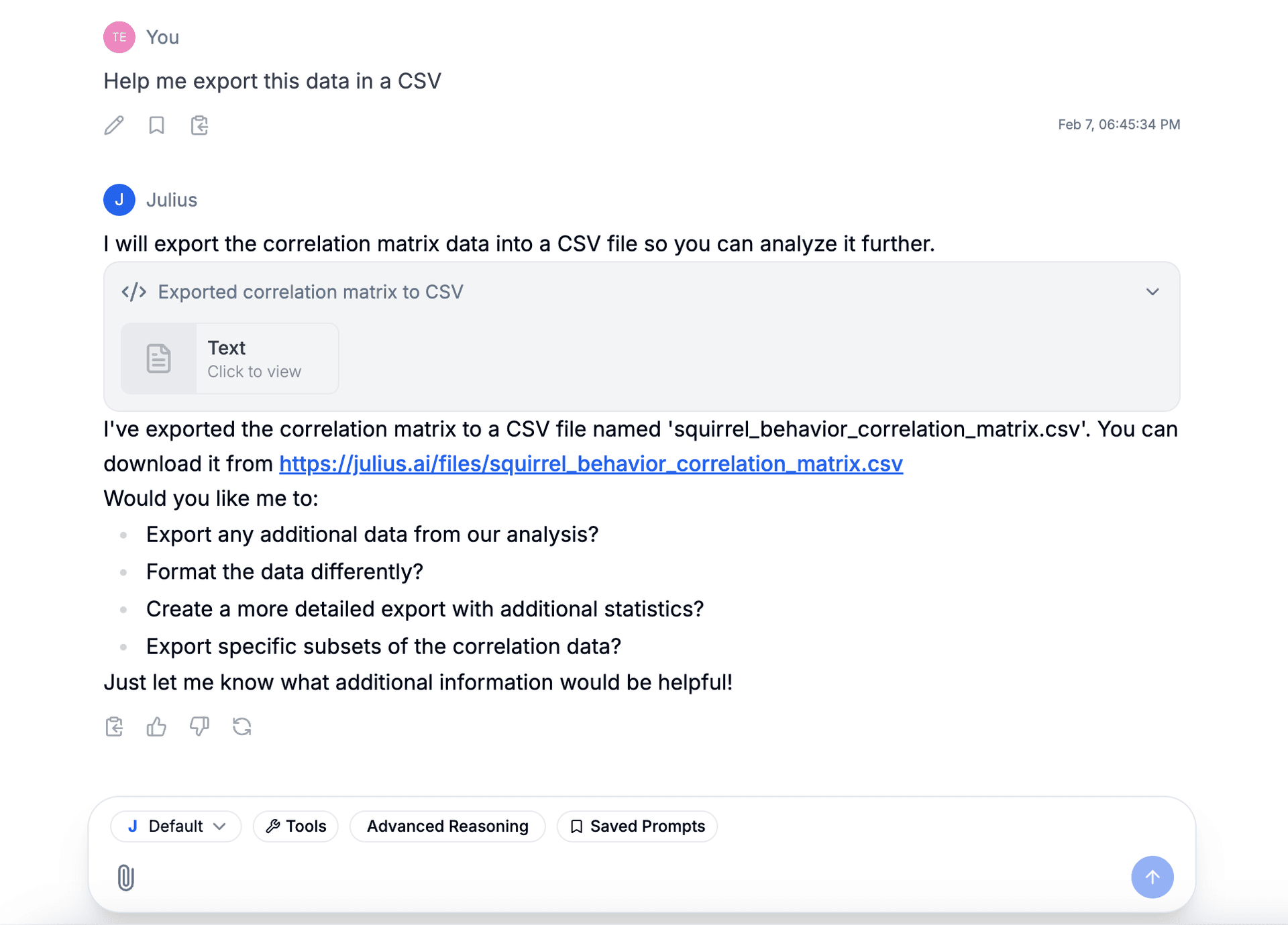 Exporting data from the conversation
